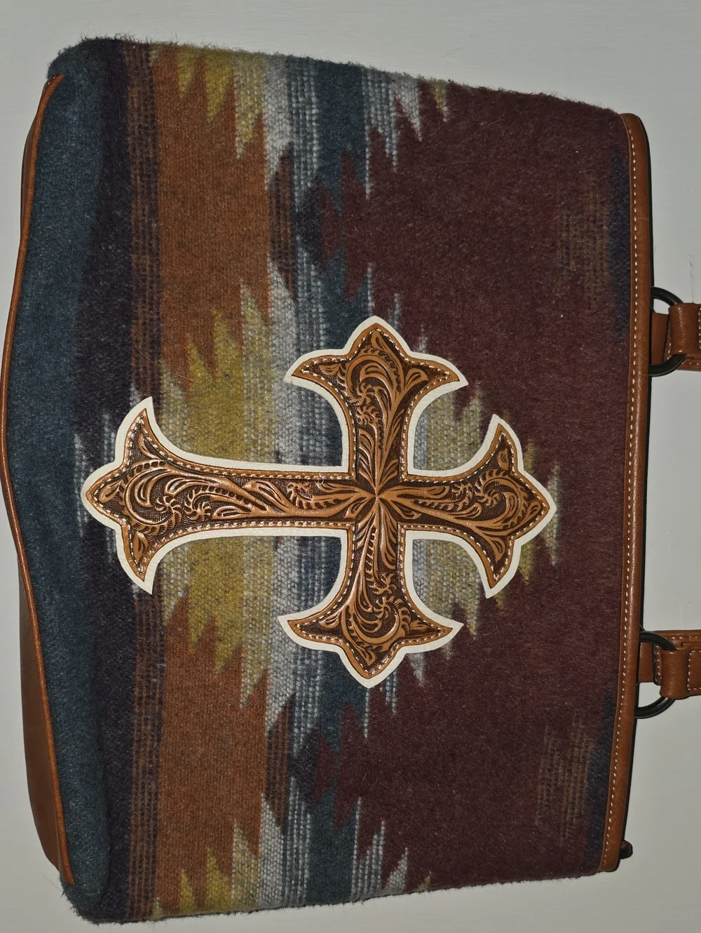 Aztec Pattern Tote with Embossed Cross Accent - Leather, Conceal Carry Purse